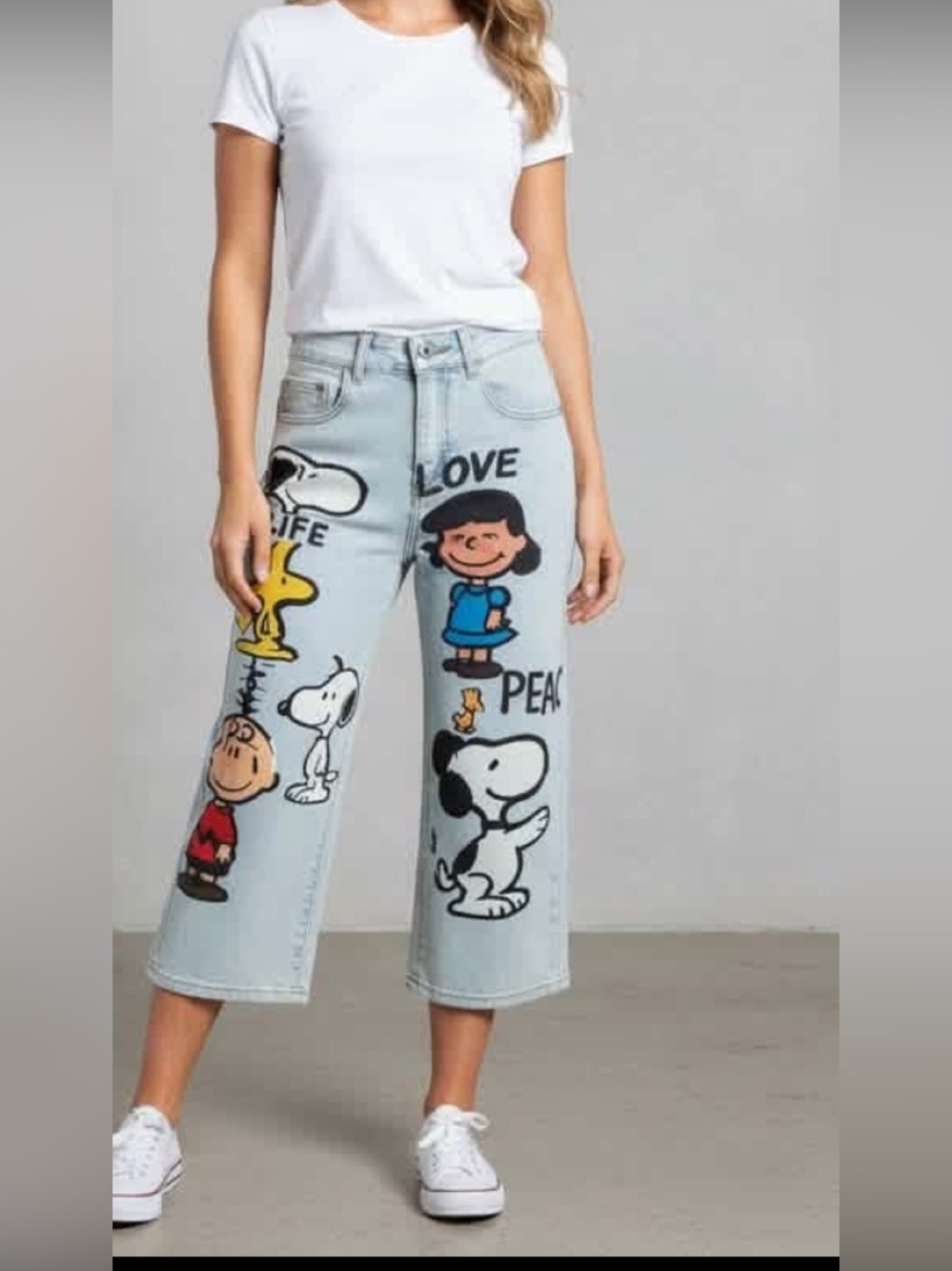 Light Blue Women's Wide-Leg Jeans with Peanuts Print